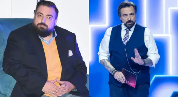 Sekielski schudł. Po lewej siedzi w marynarce i swetrze, po prawej stoi w kamizelce, trzymając kartkę SWP.