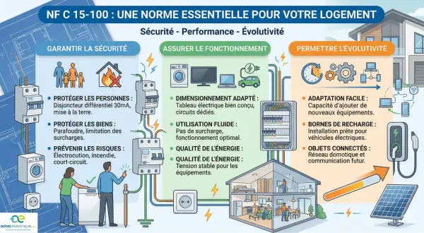 Infographie expliquant la norme électrique NF C 15-100 pour la sécurité, le bon fonctionnement et l'évolutivité du logement.