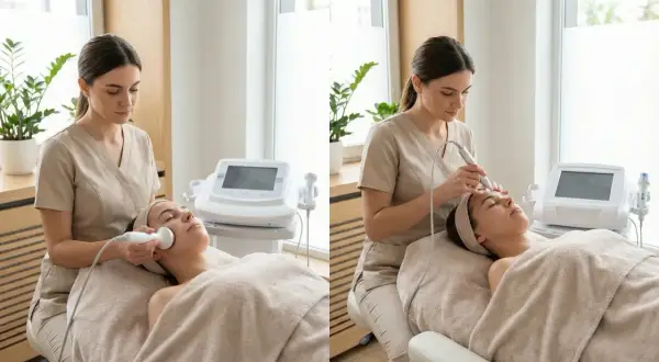 Kobieta wykonuje mezoterapię bezigłową. Zadowolone mezoterapia bezigłowa opinie potwierdzają skuteczność zabiegu.