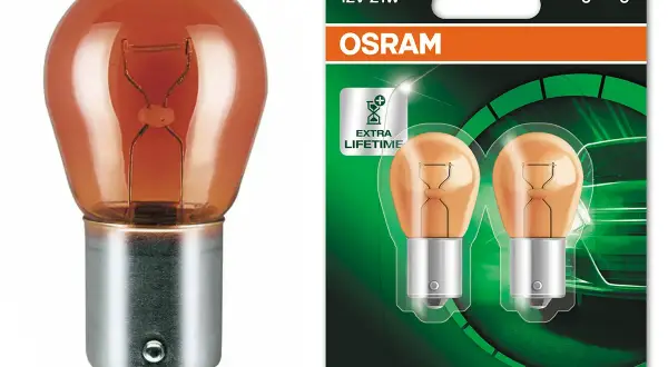 Żarówka samochodowa PY21W Osram Ultra Life. Różnica między p21w a py21w to właśnie ten pomarańczowy kolor.