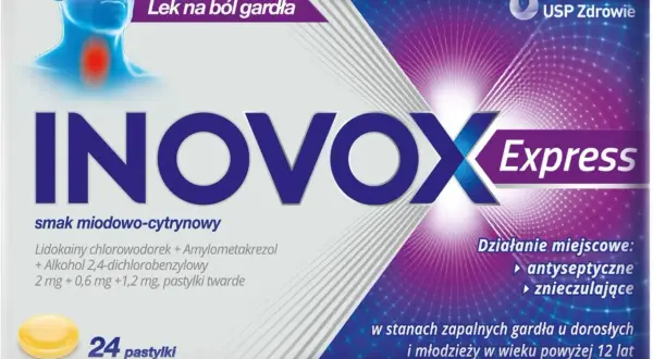 Inovox Express - lek na ból gardła, smak miodowo-cytrynowy. Opakowanie zawiera 24 pastylki twarde. Działanie antyseptyczne i znieczulające.