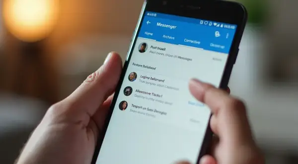 Palec dotyka ekranu telefonu, pokazując listę zarchiwizowanych czatów na Messengerze. Dowiedz się, jak przywrócić zarchiwizowany czat na Messengerze.
