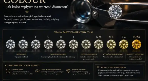 Skala barw diamentów GIA od D do Fancy. Im mniej koloru, tym wyższa wartość i rzadkość, a **kolor diamentowy** jest kluczowy.