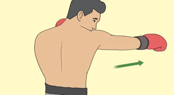 A boxer demonstrates how to roll their shoulders to evade a punch, with a green arrow indicating the direction of movement.
