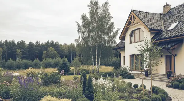 Piękna zabudowa zagrodowa z ogrodem pełnym kwiatów i drzew, otoczona lasem.