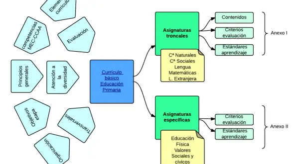 Esquema LOMCE: el currículo básico de Educación Primaria se estructura en asignaturas troncales y específicas, con contenidos, criterios y estándares de aprendizaje.