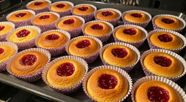 Nybakade hallongrottor i sina lila formar, redo att avnjutas. Ett perfekt hallongrottor recept för fikat.