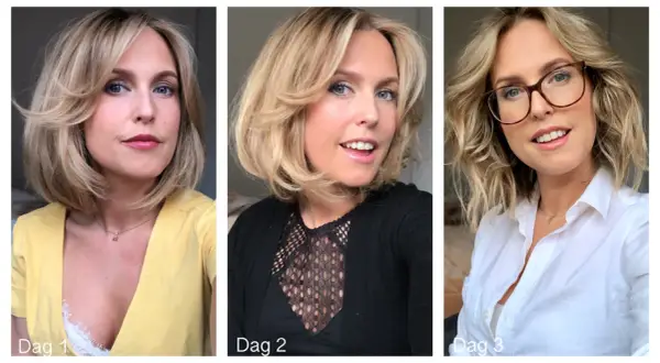 Kvinnan visar tre olika dagar med varierande smink och kläder. En lång page frisyr framhävs.