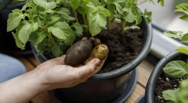 Hand håller upp färskpotatis från en hink, redo att odla potatis i hink till midsommar.
