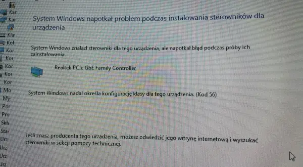 Błąd instalacji sterowników Realtek PCIe GBE Family Controller. System Windows nie może określić konfiguracji urządzenia.