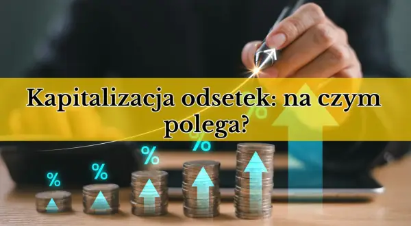 Wzrost kapitału dzięki kapitalizacji odsetek. Stosy monet rosną, symbolizując zysk.