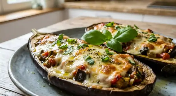 Aubergines farcies au fromage fondant, une délicieuse recette aubergine mozzarella, garnies de basilic frais.