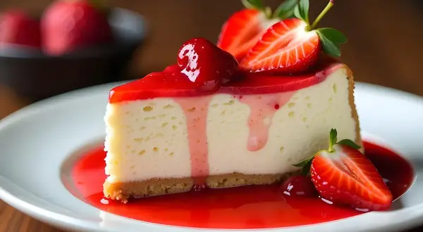 Ein Stück cremiger Strawberry Cheesecake mit frischen Erdbeeren und rotem Fruchtgelee auf einem weißen Teller.