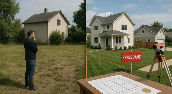 Mężczyzna rozważa podział działki. Po lewej stary dom, po prawej nowy, z tabliczką "SPRZEDANE". Procedura sądowy podział nieruchomości.