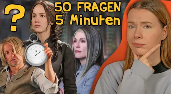 Die Besetzung von Die Tribute von Panem: Jennifer Lawrence, Woody Harrelson, Julianne Moore und eine nachdenkliche Frau. Ein Stoppuhr-Symbol deutet auf eine Zeitfrage hin.