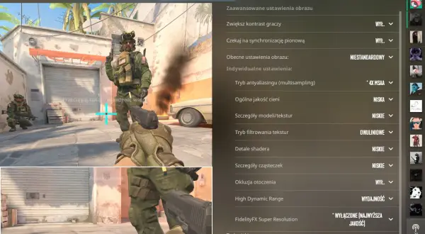 Widok z gry komputerowej z menu ustawień graficznych, gdzie widoczni są żołnierze.