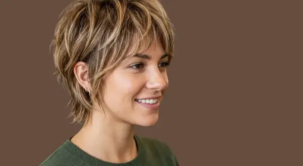 Donna con capelli corti e un ciuffo sbarazzino, sorride con un maglione verde.