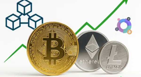 Monety Bitcoin, Ethereum i Litecoin na tle rosnącego wykresu. Obrazek wyjaśnia, co to kryptowaluta i jej potencjalny wzrost.