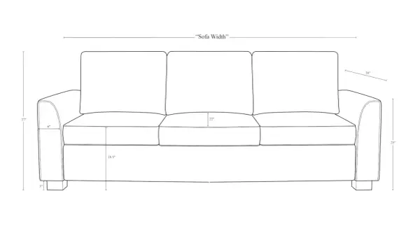 Line drawing of a sofa with dimensions. Key couch dimensions shown: 37" height, 25" seat height, 22" seat depth, 38" arm height, and "Sofa Width".
