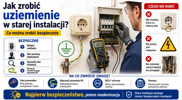 Elektryk sprawdza uziemienie w starej instalacji. Poradnik pokazuje, jak bezpiecznie zrobić uziemienie, gdy w domu jest brak uziemienia.