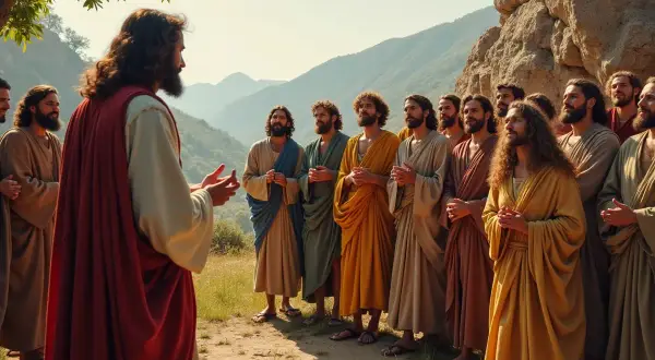 Jezus przemawia do swoich uczniów, apostołów, na tle górskiego krajobrazu.