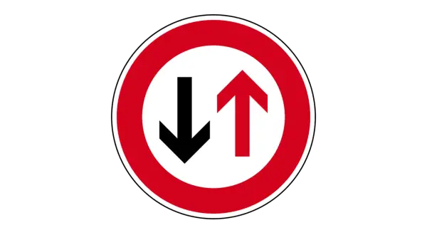 Verkehrsschild: Vorfahrt für den Gegenverkehr. Ein roter Kreis mit weißem Grund zeigt einen schwarzen Pfeil nach unten und einen roten Pfeil nach oben.