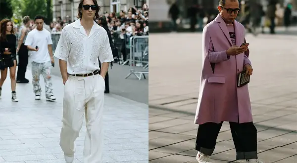 Uomo con camicia bianca e pantaloni larghi, un esempio di come indossare sneakers alte con stile.