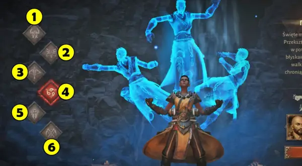 Wybór diablo immortal postacie: wojownik otoczony przez swoje duchowe wcielenia, z numerowanymi ikonami umiejętności.