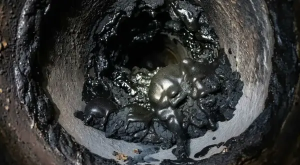 Gros amas de suie et de goudron fondu, vestiges d'un feu de cheminée.