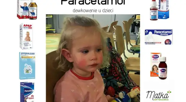 Mała dziewczynka z zaczerwienionymi policzkami, obok leki z paracetamolem, np. APAP dla dzieci, Efferalgan, Panadol, Calpol. Preato 75.