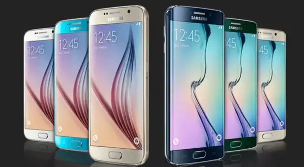 Kilka smartfonów Samsung Galaxy S6 w różnych kolorach, ustawionych obok siebie.