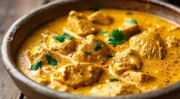 En skål med krämig kyckling i en gyllene currysås, toppad med färsk koriander. En härlig rätt med kyckling i curry.