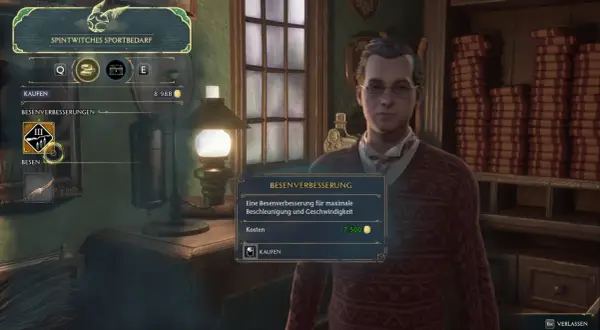 Im Spiel Hogwarts Legacy kannst du hier deinen Besen verbessern, um maximale Beschleunigung und Geschwindigkeit zu erreichen.
