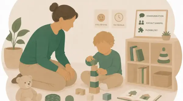 En vuxen leker med ett autism barn med klossar. På väggen syns ord som kommunikation och socialt samspel.