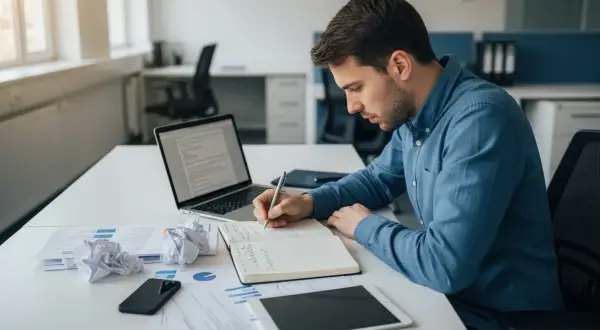 Mężczyzna pochyla się nad notatnikiem, pisząc. Na biurku laptop, telefon i dokumenty. Może analizuje prawo pracy.