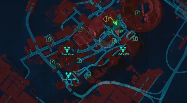 Mapa z gry Cyberpunk 2077. Widoczne ikony misji, wrogów (czaszki) i punktów zainteresowania. Wskazuje drogę do **cyberpunk widmo wolności zakończenia**.
