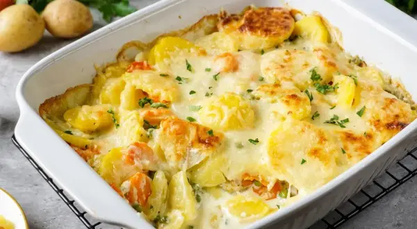 Herzhaftes Auflaufgericht mit Kartoffeln, Karotten und Erbsen, überbacken mit Käse und garniert mit Petersilie. Ein Klassiker der Gerichte mit Kartoffeln.