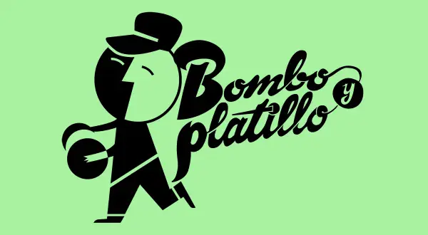 Un personaje con sombrero y traje negro, tocando un bombo y platillo, con el texto "Bombo y platillo Zaragoza" en letras negras sobre fondo verde claro.