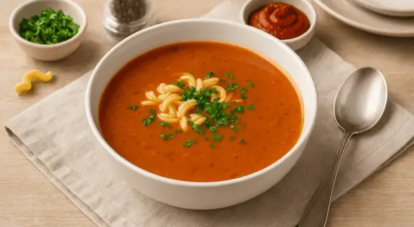 Aromaticzna zupa pomidorowa z koncentratu, udekorowana makaronem i natką pietruszki, gotowa do podania.