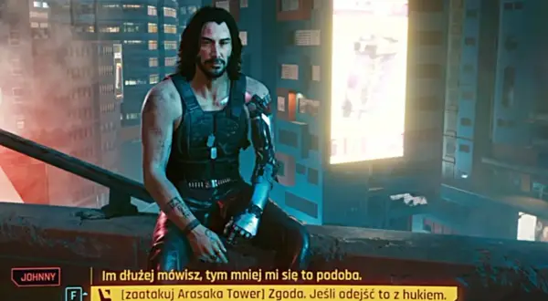 Johnny Silverhand na dachu, w tle neonowe miasto. Czy to jego cyberpunk sekretne zakończenie?