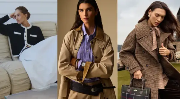 Eleganckie stylizacje na chrzciny jesienią: kardigan, beżowa kurtka i płaszcz w kratę.