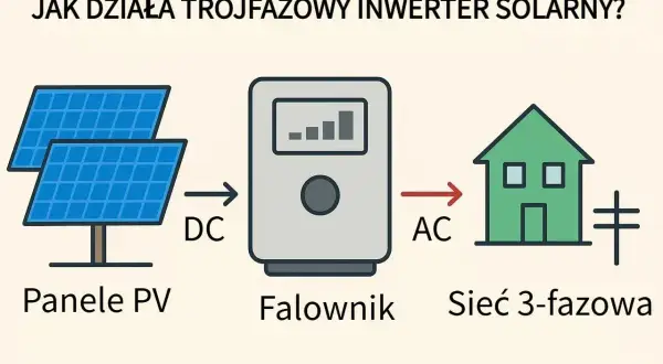 Schemat działania trójfazowego falownika: panele PV generują prąd stały (DC), który falownik przetwarza na prąd zmienny (AC) dla sieci domowej.