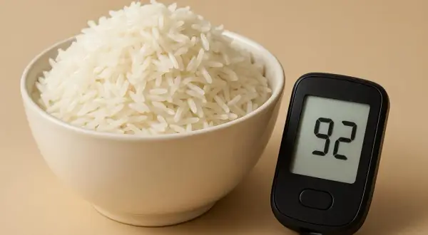 Ciotola di riso basmati accanto a un glucometro che mostra 92. Un promemoria visivo sul riso basmati indice glicemico.