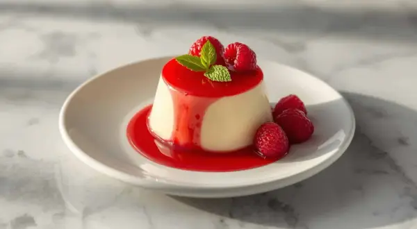 Délicieuse panna cotta italienne, nappée de coulis de framboise et garnie de fruits rouges frais. Une vraie recette gourmande.