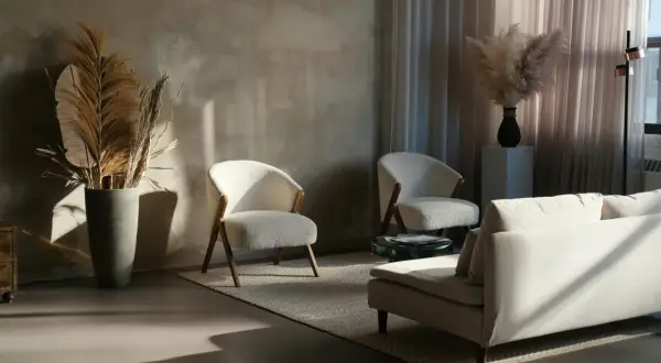 Przytulny salon w stylu japandi. Jasne fotele, sofa i dywan tworzą spokojną atmosferę. Suche trawy dodają naturalnego akcentu.