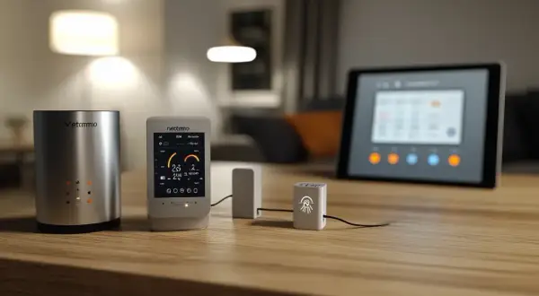 Sur une table en bois, une passerelle Netatmo et ses accessoires connectés, dont un écran affichant des données environnementales, sont prêts à gérer votre maison intelligente.