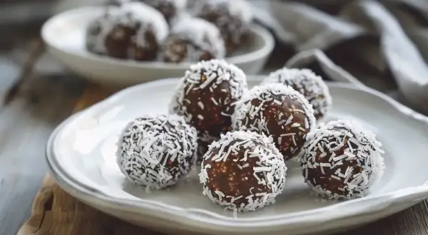 Chokladbollar rullade i kokos. Ett enkelt och gott kokosbollar recept som passar alla.