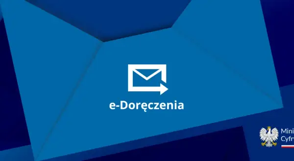 Ikona koperty z strzałką i napisem "e-Doręczenia" na niebieskim tle.