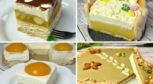 Cztery pyszne ciasta: warstwowe z owocami i polewą, wielkanocne z króliczkami i pisankami, mini serniczki z brzoskwinią oraz pistacjowe ciasto. Idealne na wielkanoc!