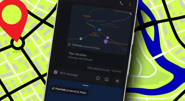 Telefon pokazuje, jak udostępnić lokalizację przez Find Hub. Widoczna jest mapa z zaznaczonym punktem i informacją o udostępnianiu.